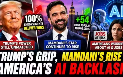 Donald Trump, Zohran Mamdani and artificial intelligence highlighted in a political news graphic about Trump’s GOP influence, Mamdani’s rising popularity and growing American concerns over AI and jobs.