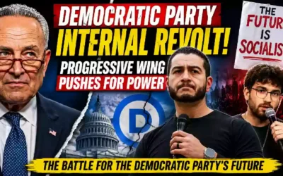 Democratic Party internal revolt thumbnail featuring Chuck Schumer, Abdul El-Sayed, and Hasan Piker, with the U.S. Capitol and Democratic Party logo in the background and headlines about the progressive wing pushing for political power.