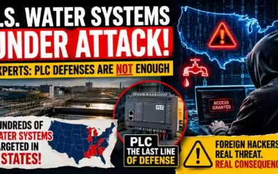 U.S. water systems under cyberattack as cybersecurity experts warn PLC defenses are not enough, with a hacker, water treatment facility, U.S. map, and programmable logic controller shown in a dramatic news graphic.