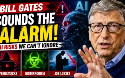 Bill Gates warning about artificial intelligence risks, featuring Gates alongside a futuristic AI robot and visuals representing cyberattacks, bioterrorism, and potential job losses.