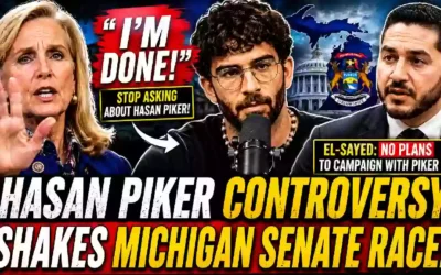 Debbie Dingell, Hasan Piker, and Abdul El-Sayed featured in a dramatic political news thumbnail about the Hasan Piker controversy and Michigan Senate race.
