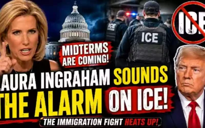 Laura Ingraham warns about the growing ICE and immigration enforcement battle ahead of the U.S. midterm elections, with the U.S. Capitol, ICE agents, a no-ICE symbol, and Donald Trump shown in a dramatic political news thumbnail.