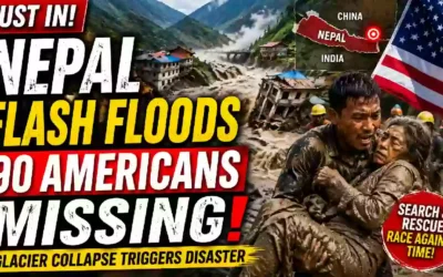 Nepal flash flood disaster with rescue workers, damaged buildings, and 90 Americans reported missing.