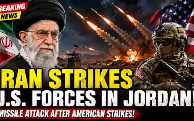 Iran launches ballistic missile attack targeting U.S. forces in Jordan after American strikes on Iranian missile launchers near the Strait of Hormuz, with Iranian and American military imagery.