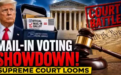 Donald Trump and a U.S. Postal Service mailbox with mail-in ballots in front of the Supreme Court, highlighting the ongoing legal battle over Trump’s mail-in voting rules and election regulations.