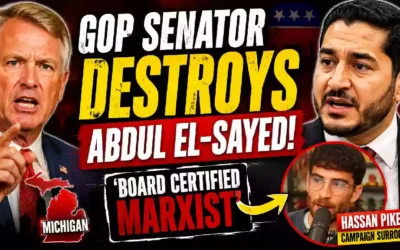 Roger Marshall and Abdul El-Sayed featured in a political YouTube thumbnail highlighting the Hassan Piker controversy and Michigan Democratic campaign