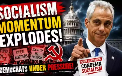 Rahm Emanuel featured in a dramatic political news graphic about the growing socialism debate and pressure on Democrats, with the U.S. Capitol and socialism imagery in the background.