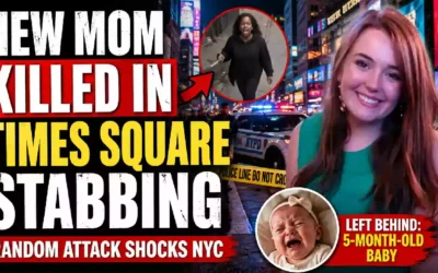 “YouTube news thumbnail showing a young woman, Times Square police scene, stabbing investigation, and a five-month-old baby following a deadly random attack in New York City.”