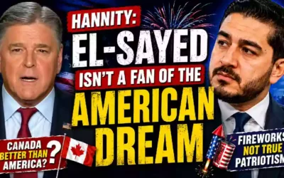 Political commentary YouTube thumbnail featuring two men, American flag background, fireworks, U.S. Capitol and headline about Abdul El-Sayed and the American Dream