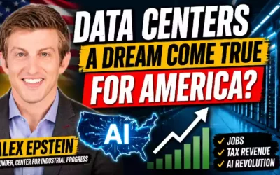 Alex Epstein discusses data centers, artificial intelligence, energy infrastructure and economic growth in America, with a U.S. map, AI graphics and futuristic data center servers.
