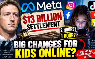Meta $13 billion settlement could change social media rules for kids, featuring Mark Zuckerberg, Facebook and Instagram, a child using a smartphone, and a two-hour daily screen-time limit.