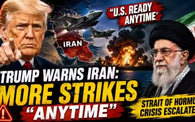 Donald Trump warns Iran of more U.S. strikes as tensions escalate around the Strait of Hormuz, with fighter jets, Iranian leadership, explosions and a map of Iran shown in a dramatic news thumbnail.