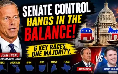 2026 Senate midterm elections thumbnail showing the U.S. Capitol, Republican and Democratic symbols, balance scale, six key battleground states, and a Texas Senate race matchup