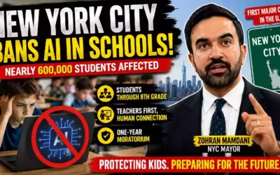 New York City AI school ban affecting nearly 600,000 students, featuring NYC Mayor Zohran Mamdani, a student using a laptop with a banned AI symbol, and a classroom background highlighting the one-year AI moratorium through eighth grade.