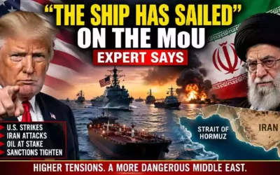 Donald Trump and Iran’s Supreme Leader depicted in a dramatic U.S.-Iran crisis thumbnail featuring warships, an oil tanker, explosions, the Strait of Hormuz and the headline “The Ship Has Sailed” on the Iran MoU.