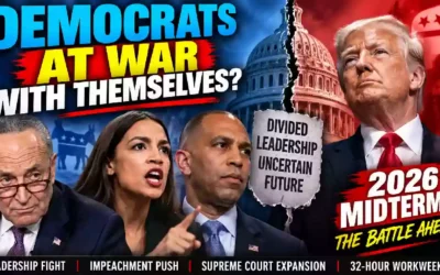 Democrats divided ahead of 2026 midterm elections as Chuck Schumer, Alexandria Ocasio-Cortez and Hakeem Jeffries face off politically, with Donald Trump featured alongside a split U.S. Capitol