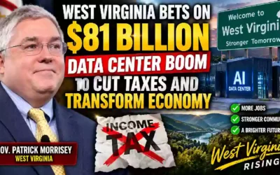 West Virginia Governor Patrick Morrisey featured alongside an AI data center and $81 billion investment headline, highlighting plans to cut state income taxes and boost the West Virginia economy.