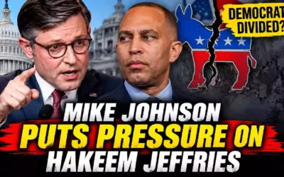 Mike Johnson and Hakeem Jeffries face a political clash as Democratic Party divisions deepen in Congress, with the U.S. Capitol and a cracked Democratic donkey symbol in the background.
