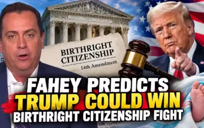 Jonathan Fahey and Donald Trump featured in a political news graphic about the birthright citizenship legal battle, with the U.S. Supreme Court, 14th Amendment and American flag in the background.