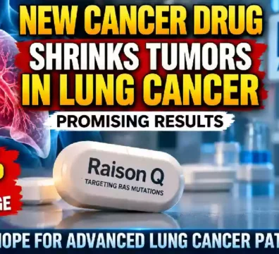 New targeted cancer drug Raison Q shows promising tumor shrinkage in advanced lung cancer, with 40% tumor shrinkage highlighted alongside lung cancer imagery and FDA approval graphic.