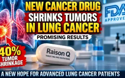 New targeted cancer drug Raison Q shows promising tumor shrinkage in advanced lung cancer, with 40% tumor shrinkage highlighted alongside lung cancer imagery and FDA approval graphic.