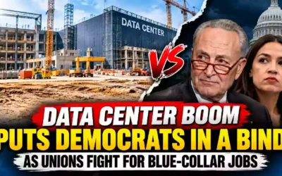 Data center construction site with cranes contrasted against U.S. Capitol and Democratic lawmakers, illustrating the political battle over data center development and blue-collar union jobs.