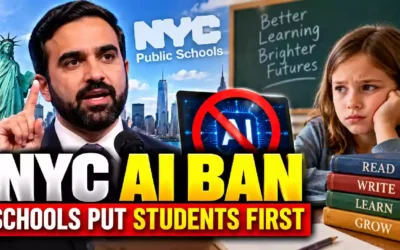 NYC AI ban thumbnail showing New York City public schools, artificial intelligence prohibition symbol, school student, books, and a man speaking about AI restrictions through eighth grade