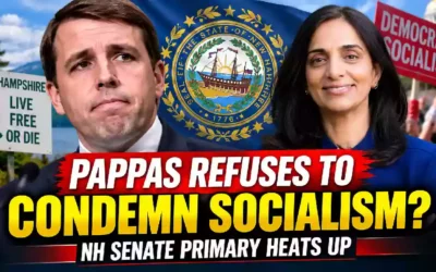 Chris Pappas and Karishma Manzoor featured in a dramatic New Hampshire Senate primary graphic highlighting questions over socialism and the Democratic primary race.
