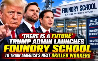 Trump, Vance and Rubio featured with a Foundry School manufacturing facility and skilled-worker training message.
