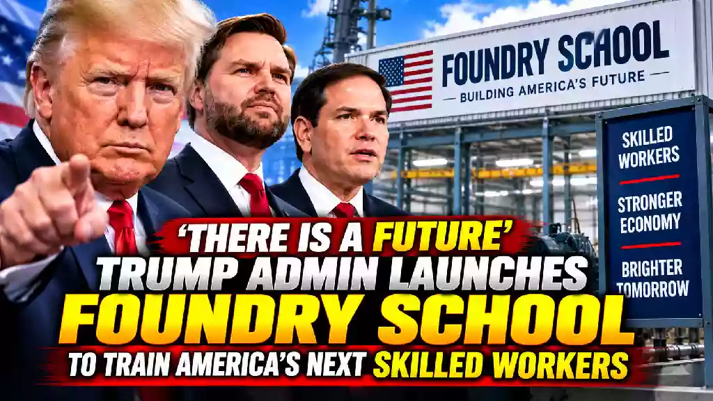 Trump, Vance and Rubio featured with a Foundry School manufacturing facility and skilled-worker training message.