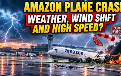 Amazon plane crash thumbnail showing a damaged Amazon cargo aircraft on a stormy runway, with lightning, severe weather, a sudden wind shift, and high-speed landing concerns.