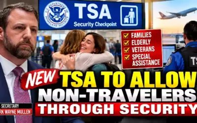 DHS Secretary Mark Wayne Mullen featured in a TSA airport security thumbnail about allowing non-travelers to pass through security and accompany loved ones to the gate