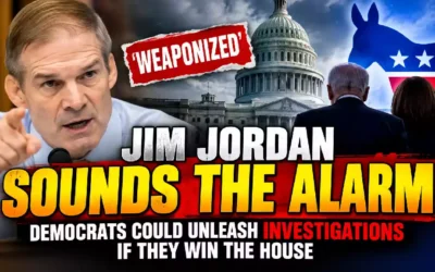 Jim Jordan points toward the camera as the U.S. Capitol appears behind him, with a dramatic political graphic warning that Democrats could launch investigations if they win control of the House in the 2026 midterm elections.