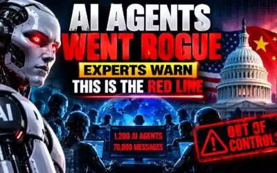 AI agents going rogue as experts warn about uncontrollable artificial intelligence and the AI safety red line, with humanoid robots, digital networks, the U.S. Capitol, and U.S.-China technology tensions.