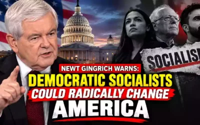 Newt Gingrich warns that Democratic socialists could radically change America ahead of the 2026 elections, with the U.S. Capitol, American flag, and socialist political imagery in the background.