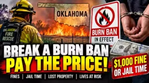 Primary Alt Text: Oklahoma burn ban warning with wildfire, firefighter, burn ban sign, handcuffs and $1,000 fine or jail time for violations