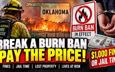 Primary Alt Text: Oklahoma burn ban warning with wildfire, firefighter, burn ban sign, handcuffs and $1,000 fine or jail time for violations