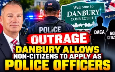 Danbury Connecticut police hiring controversy over DACA recipients and non-citizen applicants, featuring police officer, American flag and city sign