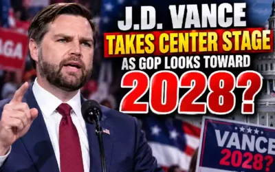 J.D. Vance speaks at a Republican political event as GOP 2028 presidential speculation grows, with the U.S. Capitol and a Vance 2028 sign in the background.