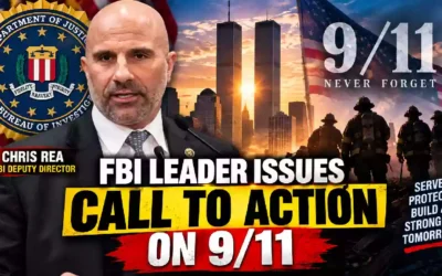 Chris Rea FBI deputy director marks 25 years since 9/11 with call to serve America, featuring the FBI seal, New York skyline, American flag and 9/11 remembrance imagery