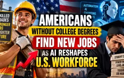 Skilled trades worker, AI robot and college graduate representing changes in the U.S. job market.