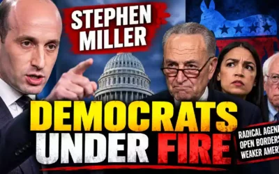 Stephen Miller warns about the Democratic Party’s progressive wing ahead of the 2026 election, with U.S. Capitol and Democratic leaders pictured in the background.
