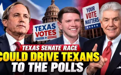 Texas Senate race thumbnail featuring Ken Paxton, James Tallarico, and Rep. Roger Williams with Texas Capitol and voter signs