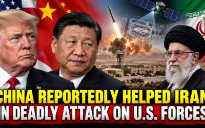 China reportedly helped Iran with satellite intelligence before a deadly attack on U.S. forces, featuring Donald Trump, Xi Jinping, Iran's leadership, missiles, a military base, and satellite surveillance imagery.