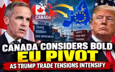 Donald Trump and Canadian Prime Minister Mark Carney pictured against Canada, U.S. and European Union flags as Canada considers closer EU ties amid escalating Trump trade tensions and Canada-U.S. trade disputes.