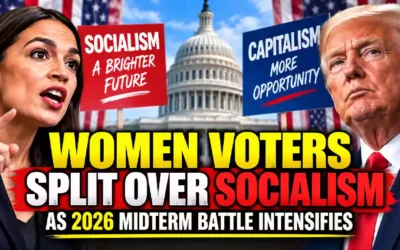 Political YouTube thumbnail showing women voters divided over socialism and capitalism, featuring Alexandria Ocasio-Cortez and Donald Trump-style figures with the U.S. Capitol and opposing socialism and capitalism signs in the background.
