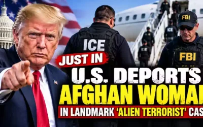 Donald Trump points toward the camera as ICE and FBI agents stand near a deportation aircraft in a dramatic U.S. immigration enforcement scene, highlighting the landmark Afghan woman alien terrorist deportation case.
