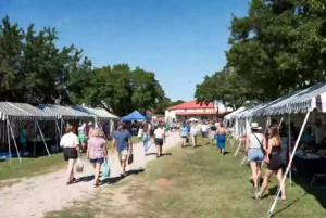 Free community festival with people and vendor tents in Eufaula