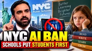 NYC AI ban thumbnail showing New York City public schools, artificial intelligence prohibition symbol, school student, books, and a man speaking about AI restrictions through eighth grade