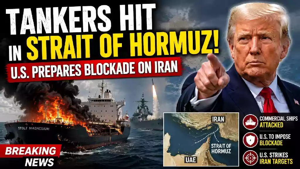 Commercial tanker engulfed in flames in the Strait of Hormuz as President Donald Trump appears beside the scene, illustrating the escalating U.S.-Iran conflict and proposed maritime blockade.